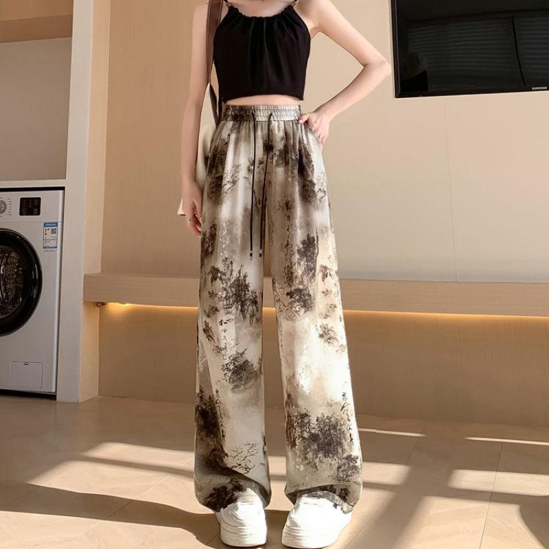 Chinese Style Ink Wash Tie-Dye High-Waisted Wide-Leg Ice Silk Pants for Women
