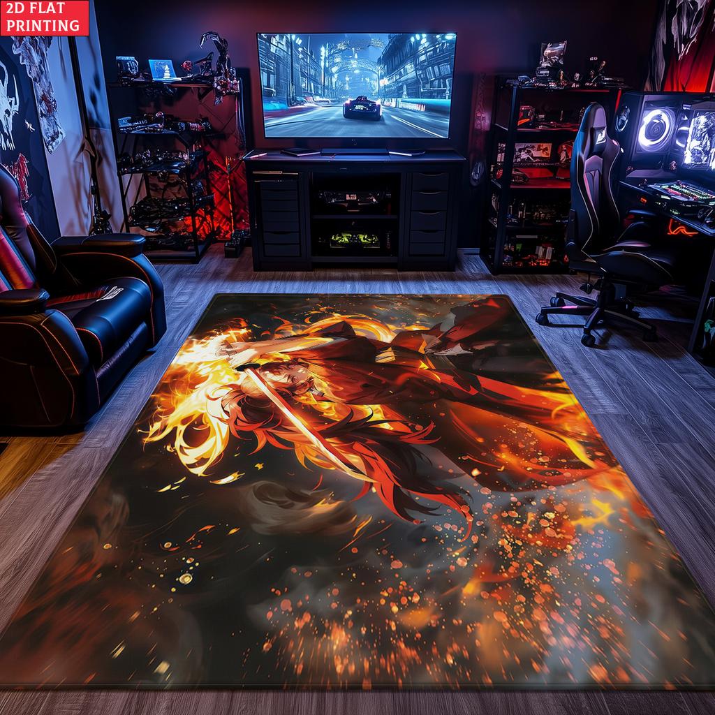 Anime Swordsman Area Rug,Fire Flame Theme Non-slip Floor Mat,Decorative Carpet for Gaming Room Bedroom, Washable Home Decor Gift