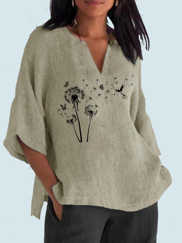 

Женская модная блузка с V-образным вырезом и принтом, длинный рукав 3/4, хлопковая льняная рубашка, женский пуловер, свободные топы 2XL хаки