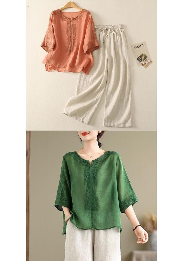 Elegant Chiffon Top: Popular Chinese Style Mid-Aged Women's Five-Point Sleeve Printed T-Shirt