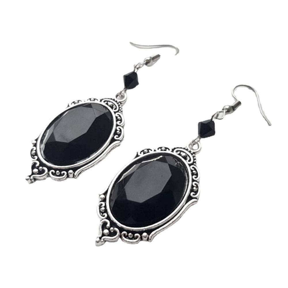 Gothic Temperament Silver Color Oval Lacework Multiple Cut Plane Black Crystal Dangle Earrings for Women Men Halloween Jewelry