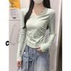 Autumn/Winter Korean Style Slim V-neck Pleated Solid Long-sleeve T-shirt