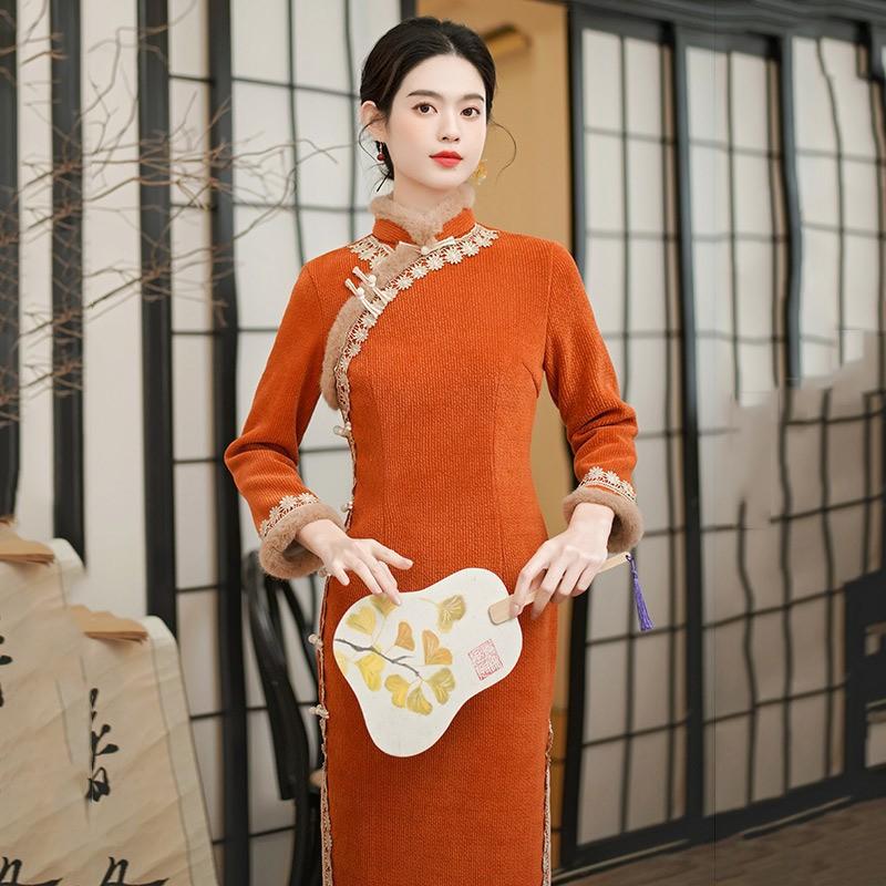 Womens Winter Chenille Qipao Dress Long Sleeve Stand Collar Retro Chinese Style Thick Warm Coat