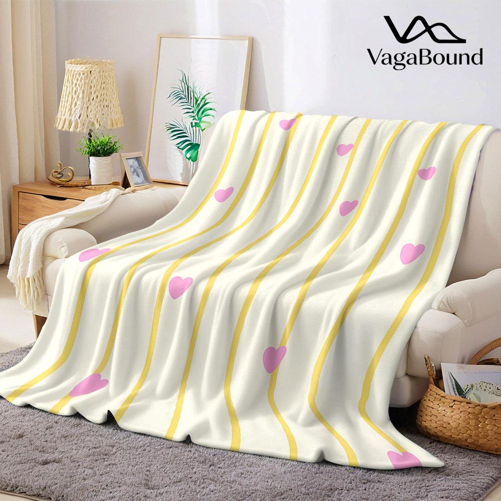Yellow Stripe Pink Heart Flannel Blanket Warm Soft Halloween Christmas Decorative Couch Warm Cozy All-Season Gift