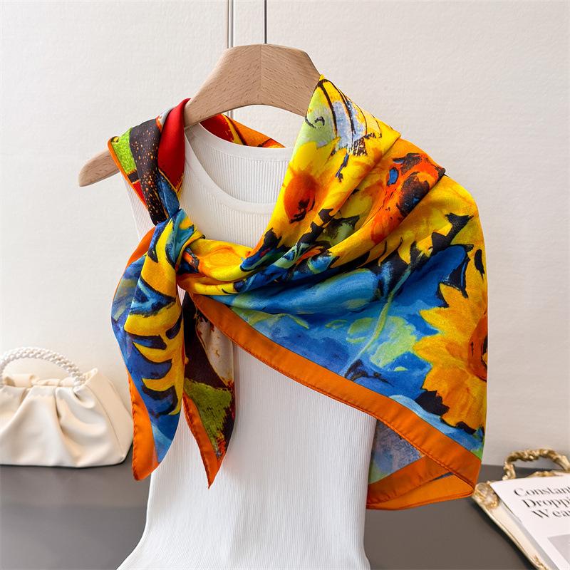 Simulation Silk High-End Sunflower Oil Painting Printing Square Scarf Silk Scarf Shawl Headscarf Neck Protection Scarf