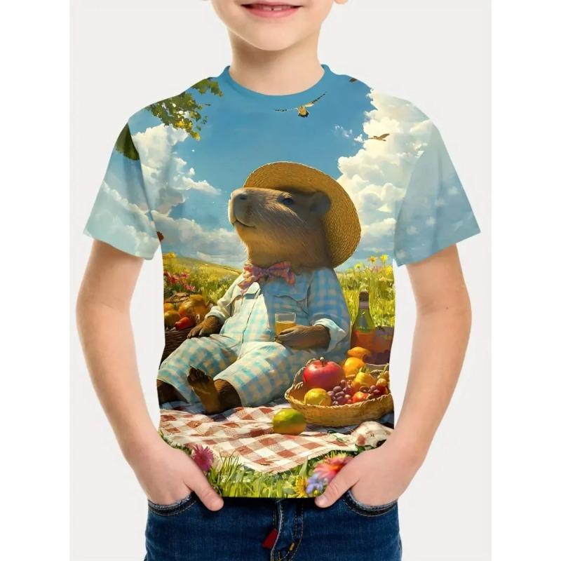 Round Neck 3D Capybara Printed Fashionable Short Sleeved Children's Boy T-shirts - Soft Medium Stretch Polyester Fabric Summer Relaxed Fit Clothing