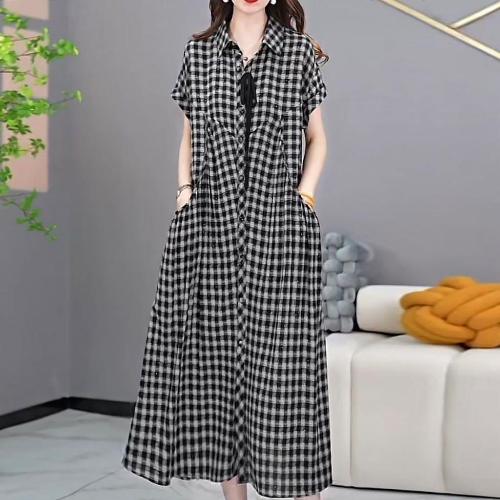 Plaid Dress Women's Summer New Loose Large Size Temperament Casual and Thin Short-sleeved Shirt Skirt