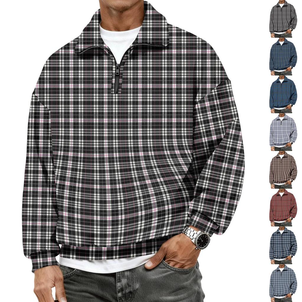 Men's Casual Flannel Quarter-Zip Long Sleeve Sweatshirt Plaid Print