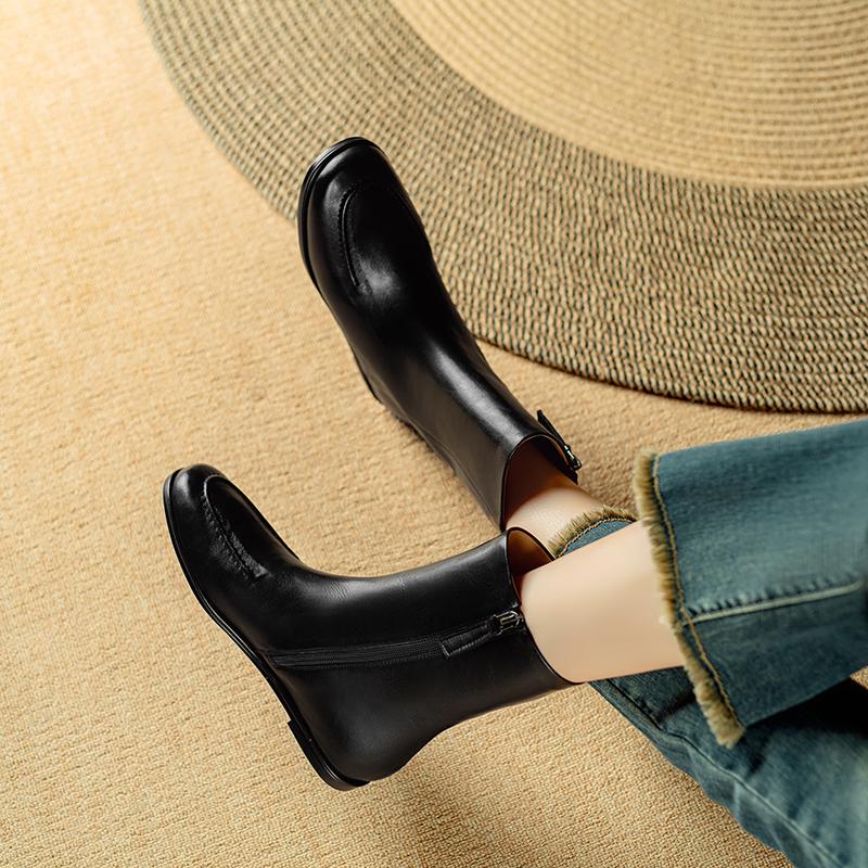 Fashion 2025 New Autumn/Winter Split Leather Women Boots Round Toe Flat with Heel Mid-calf Boots Modern Motorcycle Boots Ladies Shoes