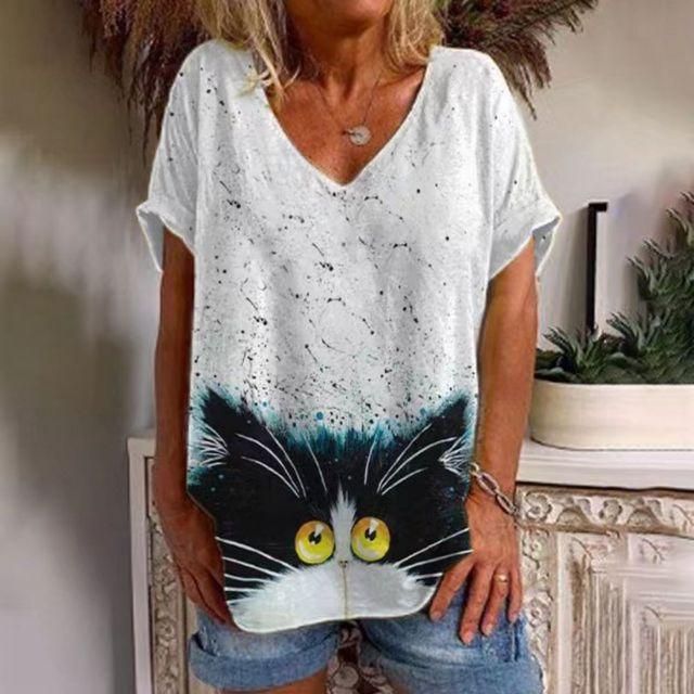 Vintage Women's T-shirt Girls Clothes Harajuku Short Cartoon Kitten Print Shirt V-neck Sleeve Sweatshirt Summer Oversized Blouse