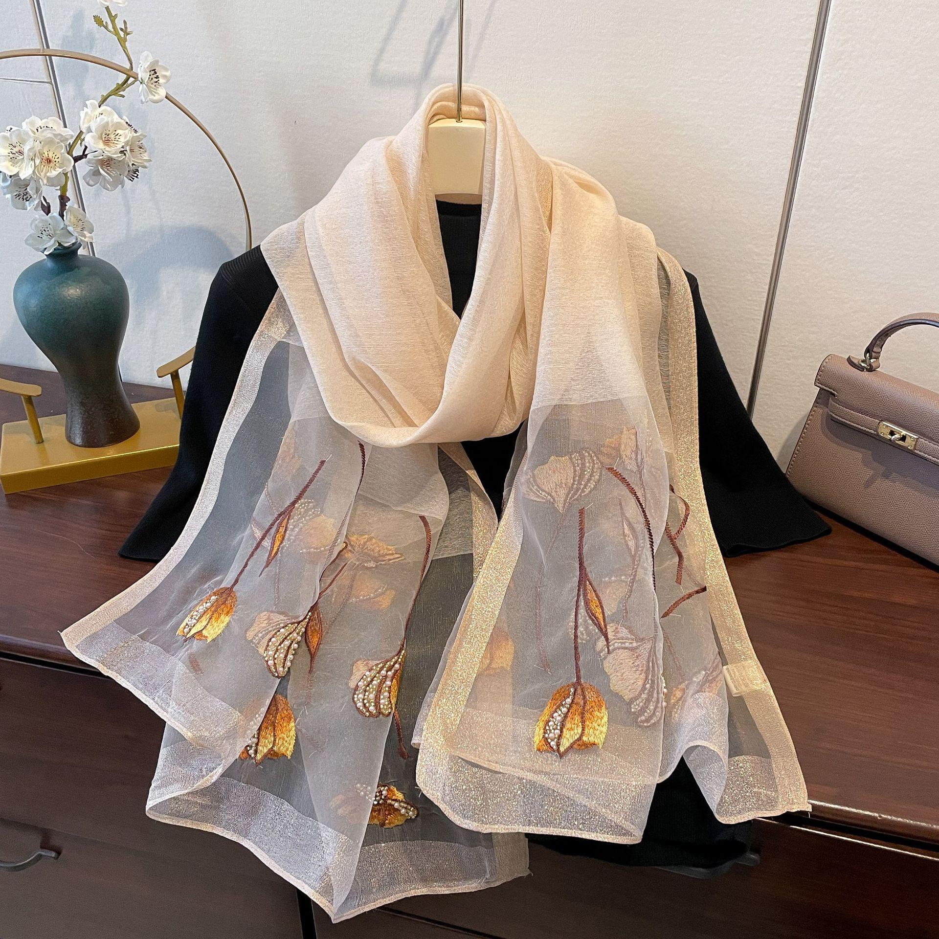 

Новый весенне-летний тонкий шарф из смесового шелка, осенне-зимний тонкий шарф для женщин, модный шарф с бисером и вышивкой, высококачественная шаль 180*70cm