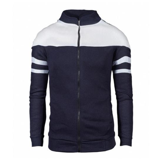 Men Autumn Coat Zipper Stand Collar Long Sleeves Contrast Colors Stretchy Hem Keep Warm Cardigan Color Matching Plush Plus Size Fall Coat for Daily