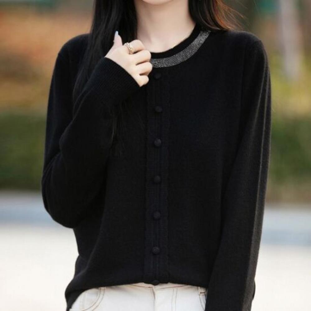 Navava Daily Button Point Round Neck Long Sleeve Knit Tee Nk3602