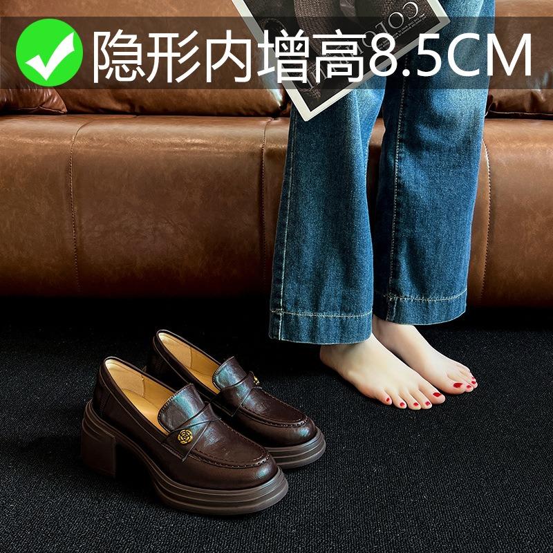 Women's spring new versatile one-pedal thick heel inner height increase small leather shoes buckle camellia single shoes women