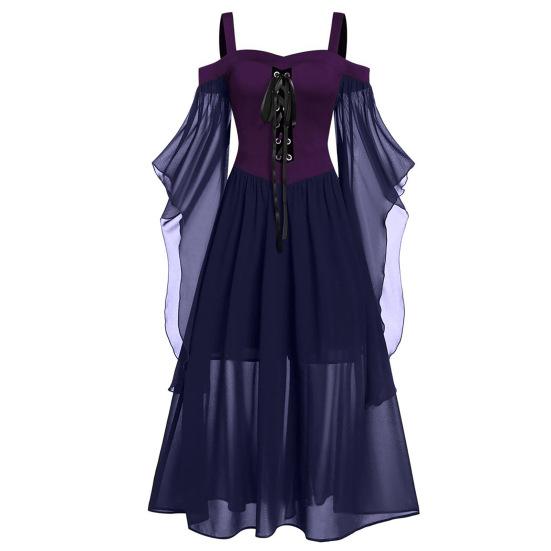 Zpanxa Halloween Costume Gothic Witch Medieval Dress Plus Size Cosplay Vintage Maxi Dress Long Sleeve Splicing Retro Gown Button Irregular Dress
