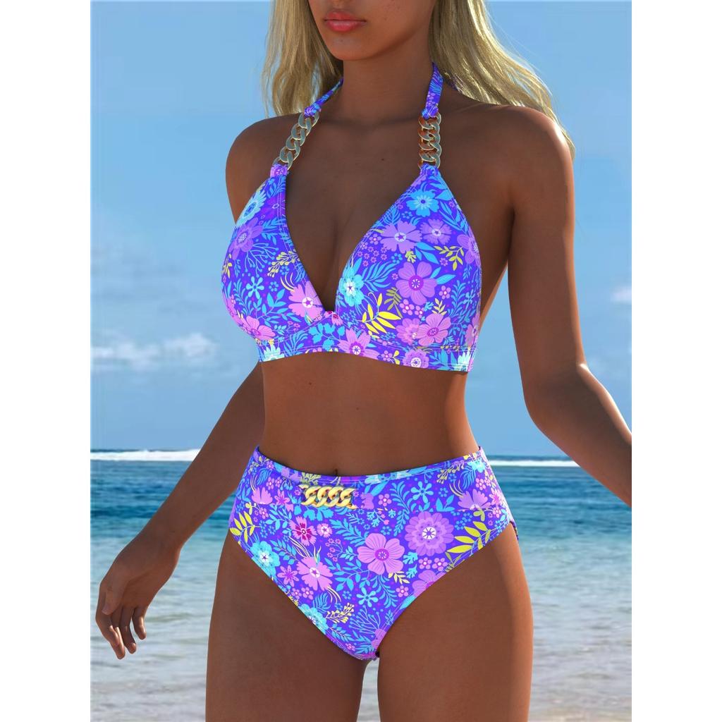 New European and American Tropical Printed Bikini Women's Split Swimsuit Sexy Suspender High Waist Beach Vacation Swimming