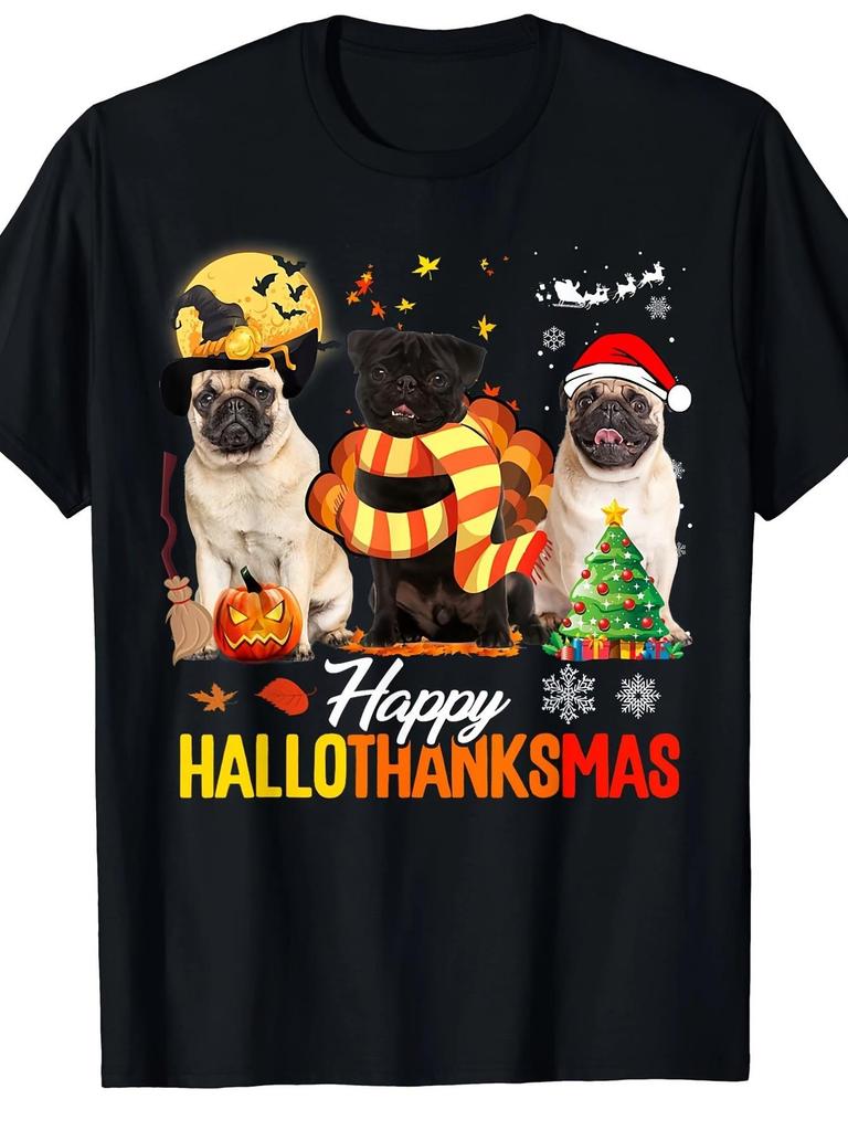 Cute Pug Hallowanksmas TShirt Black Short Sleeve 180gsm AllSeason Casual Shirt with Pug In Santa Hat Sweater Christmas