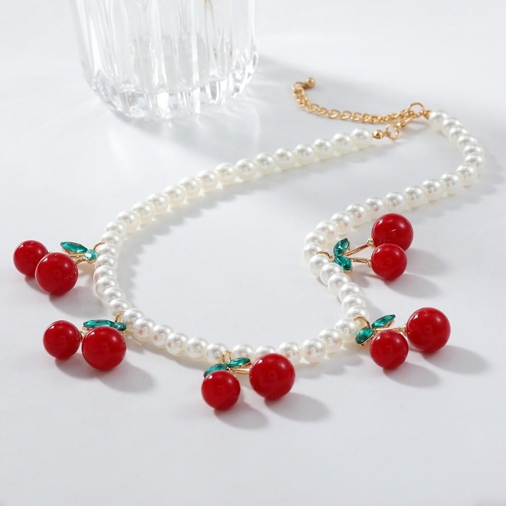 Cherry Pendant Women's Pearls Necklace Jewelry Gift Neck Chain Cherry Pendant Necklace  Women