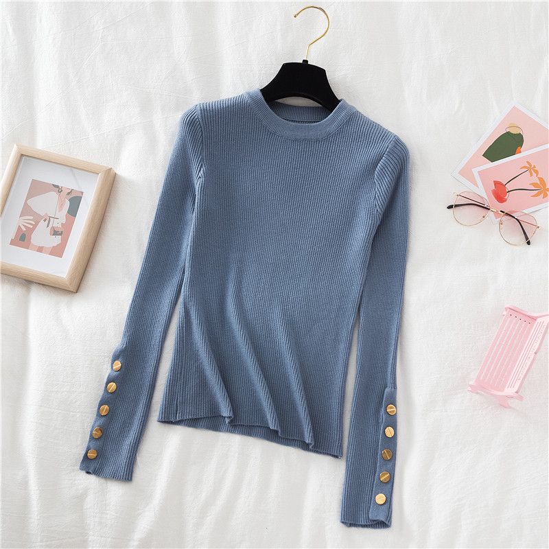 Autumn and Winter Women's Crew Neck Sweater Slim Fit Long Sleeve Pullover Knitwear Stretch Knit Top