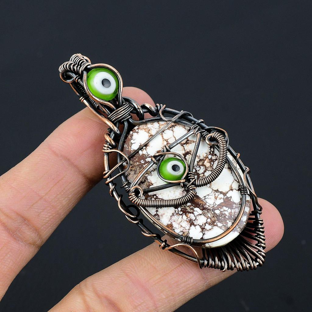 Wild Horse & Green Evil Eye Pendant Gemstone Jewelry, 999 Copper Wire Wrapped Handmade Pendant, Latest Design Jewelry