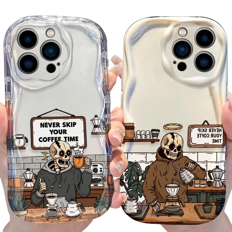 Funny Skeleton Coffee Bar Wave Phone Case for iPhone 17 Air 16 E 15 14 Plus 13 12 Mini 11 Pro Max Liquid Silicone Covers Funda