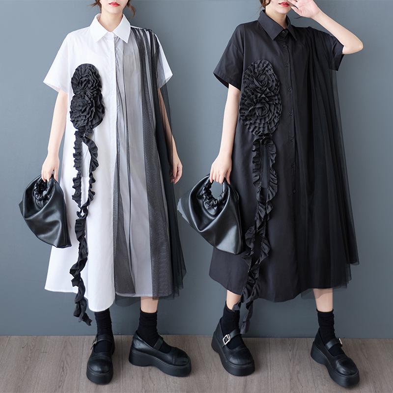 2026 Korean Style Loose Plus Size Patchwork Casual Shirt Dress Plus Size One Size белый