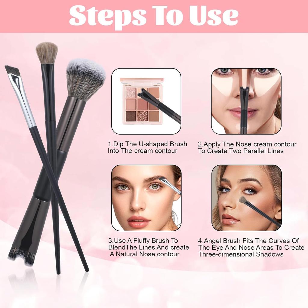 3PCS Nose Contour Brush 3-in-1 U-Shaped Contour Brushes for Makeup Double Eyeshadow Blush Brush for Sculpting and Defining Nose Contour