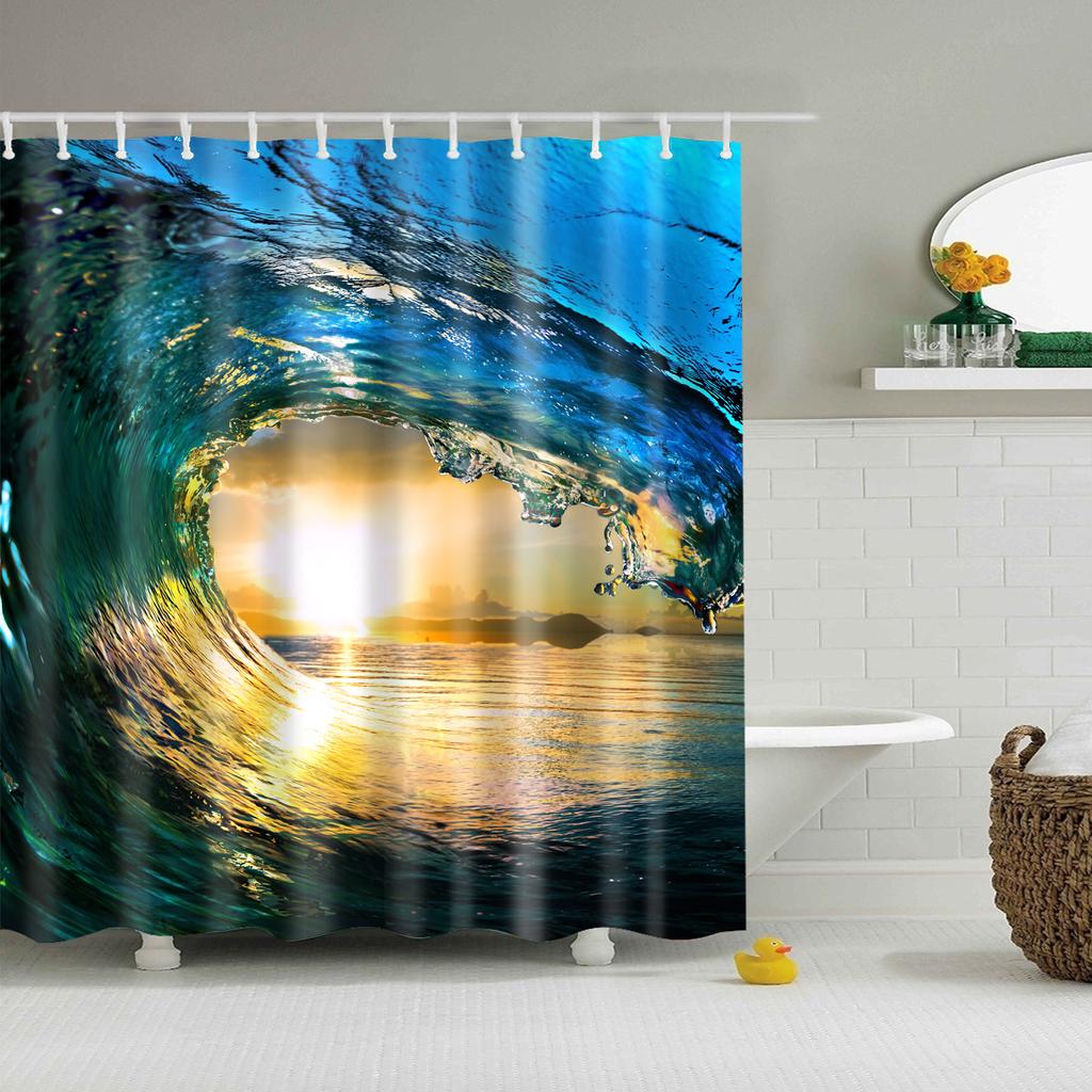 Customized Blue Sky Beach Shower Curtain Modern Scenery Print Bathroom 3D Blackout Curtain Large 180x200cm for Bathroom Cortina