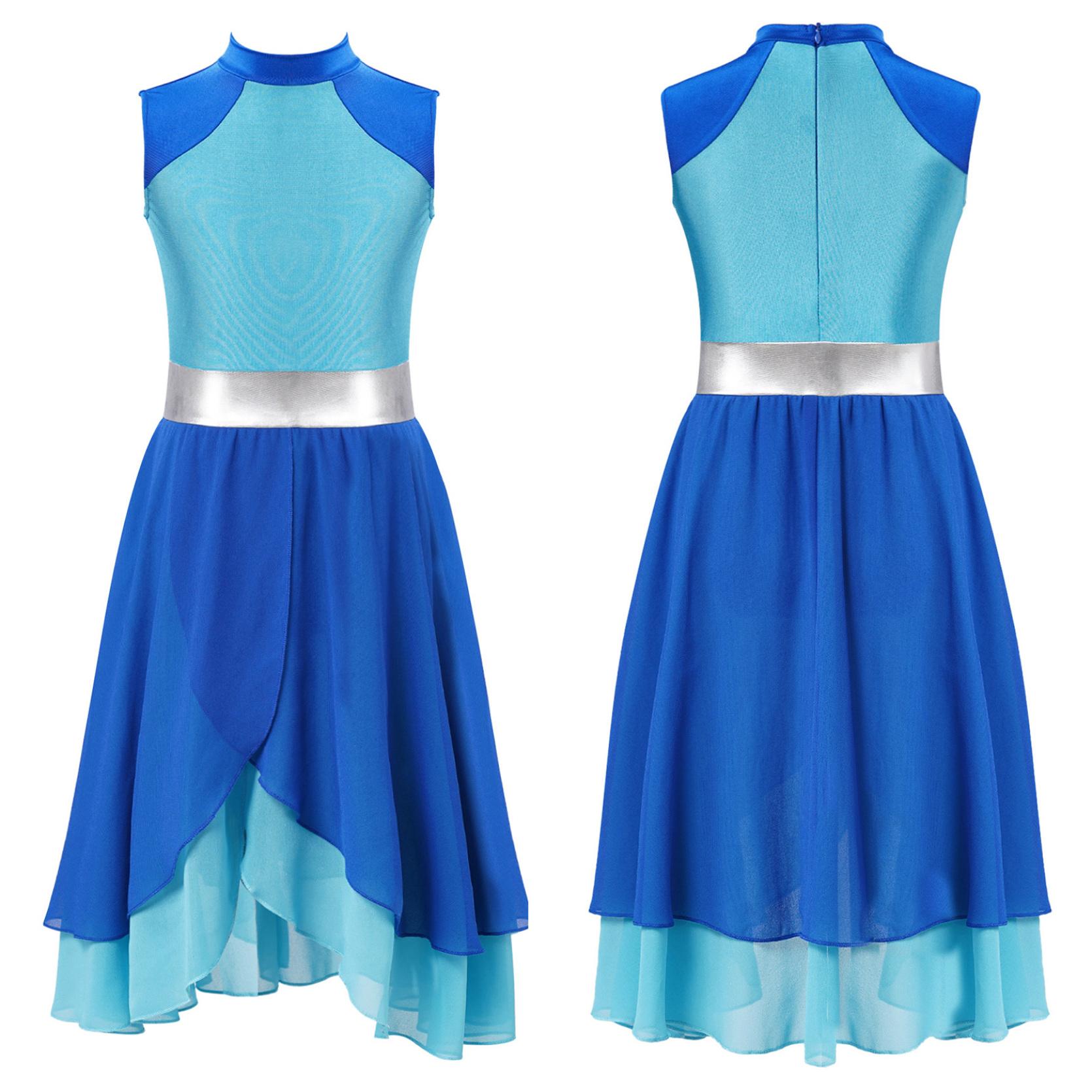 

Детское танцевальное платье с цветными блоками для девочек, многоуровневое платье без рукавов с воротником-стойкой и завернутым подолом, лирическое танцевальное платье, танцевальная одежда 5-6 Years синий