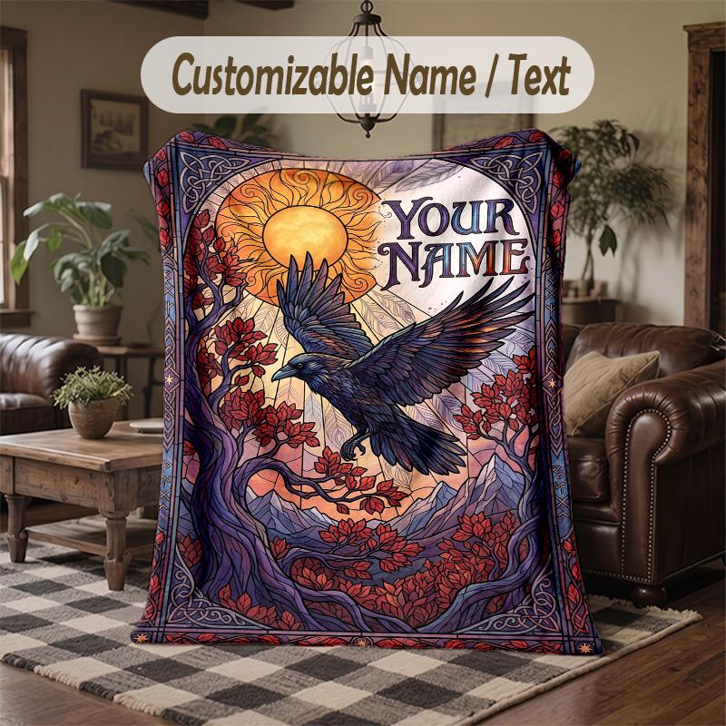 Raven Autumnal Landscape Theme Throw Blanket Custom Name Text Personalized Blanket Soft Cozy Blanket for Home Sofa Bed