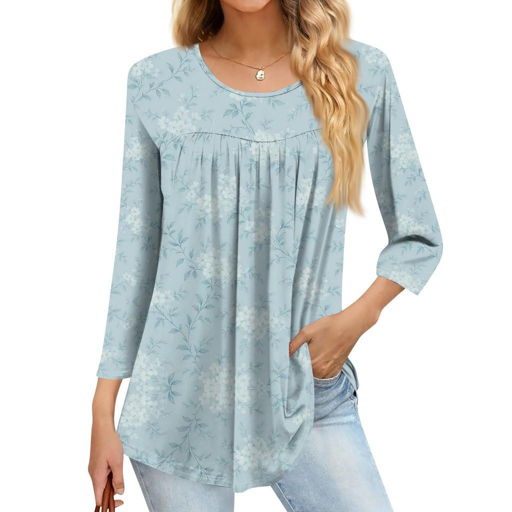 Women's Fashion Casual Three-quarter Sleeve Printed Round Neck Top