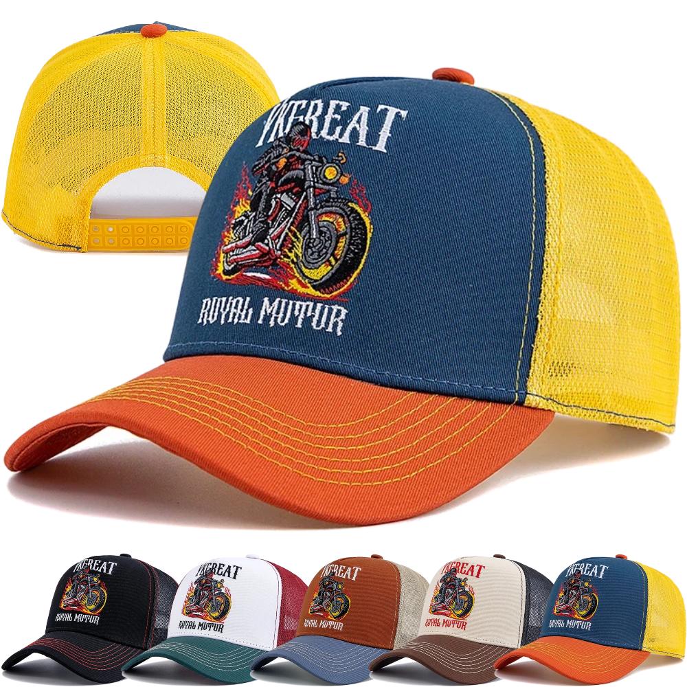 New Motorcycle Embroidered Trucker Hat Flame Biker Patch Baseball Cap For Man Woman Breathable Streetwear Summer Mesh Caps