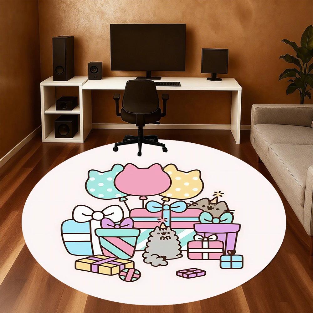 1pc Pusheen Party Round Chair mat Area Rug - Non-Slip, Floor Mat for Office, Bedroom, home decor Christmas Gift p0811238