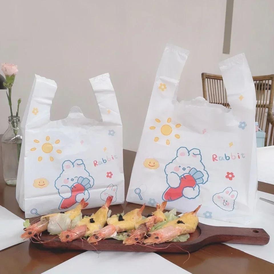 Handheld Plastic Bag Pink Cartoon Rabbit Pattern Shopping Mall Shopping Packing Bag Food Dessert Biscuit Packing Handle Bags