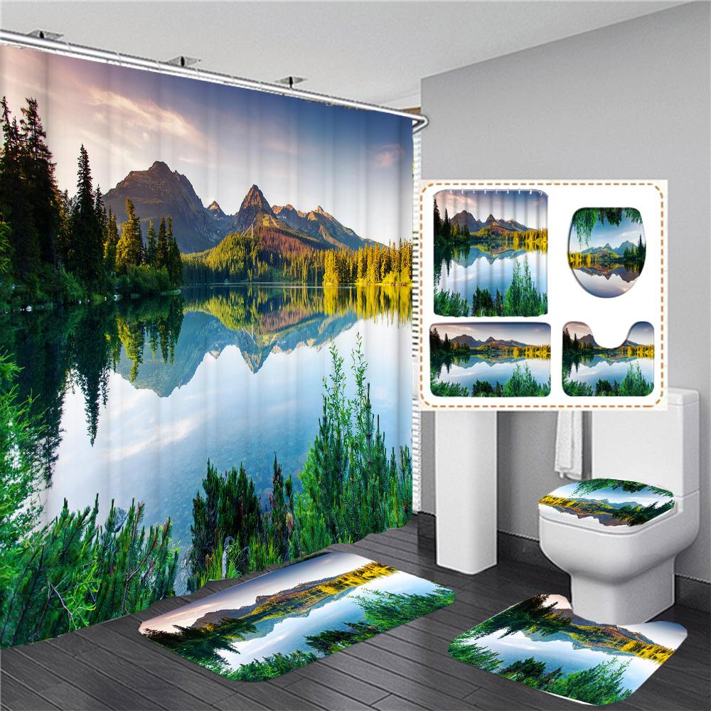 The Fog Of The Forest Landscape Shower Curtain Bathroom Accessories Partition Waterproof Polyester Bath Curtain Rugs And Mat Set