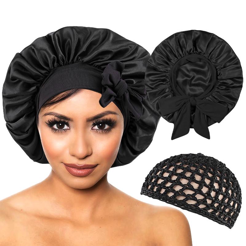 

New Women Satin Bonnet Silky Night Sleeping Cap with Stretchy Tie Band Shower Cap Curly Braid Hair Head Cover Turban One Size чёрный