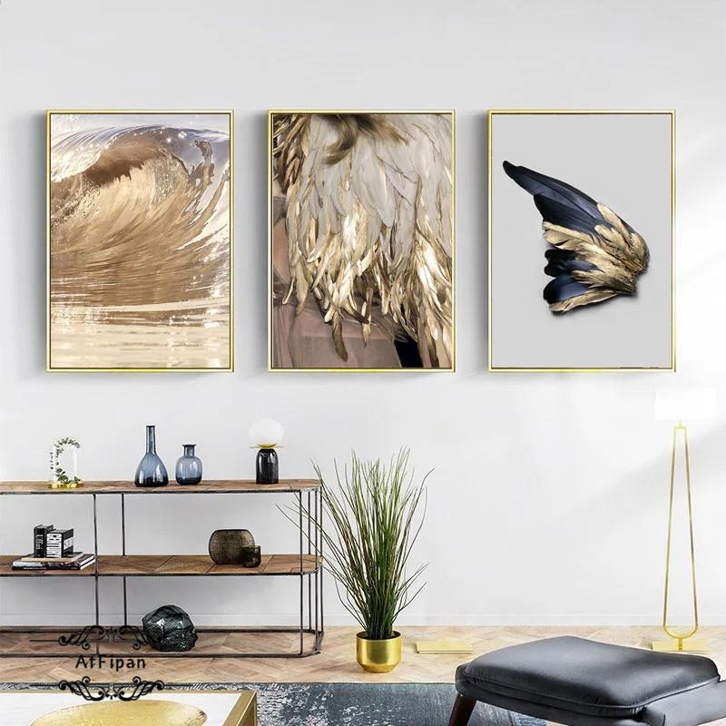 Nordic Abstrakte Luxus Wand Kunst Innen Gemälde Goldene Feder Flügel Poster und Druck Leinwand Bilder für Home Loft Dekoration
