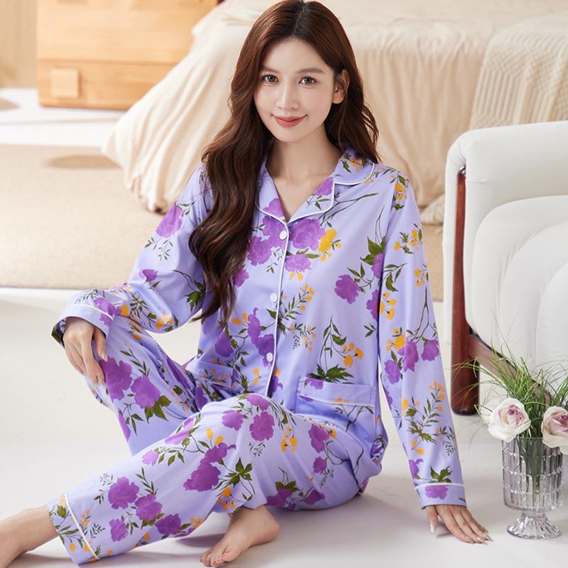

Весенне-осенняя новая пижама женская имитация хлопка с длинным рукавом домашняя одежда тонкая высококачественная среднего возраста пожилая большого размера костюм 3XL [Recommended 145-77.5kg]