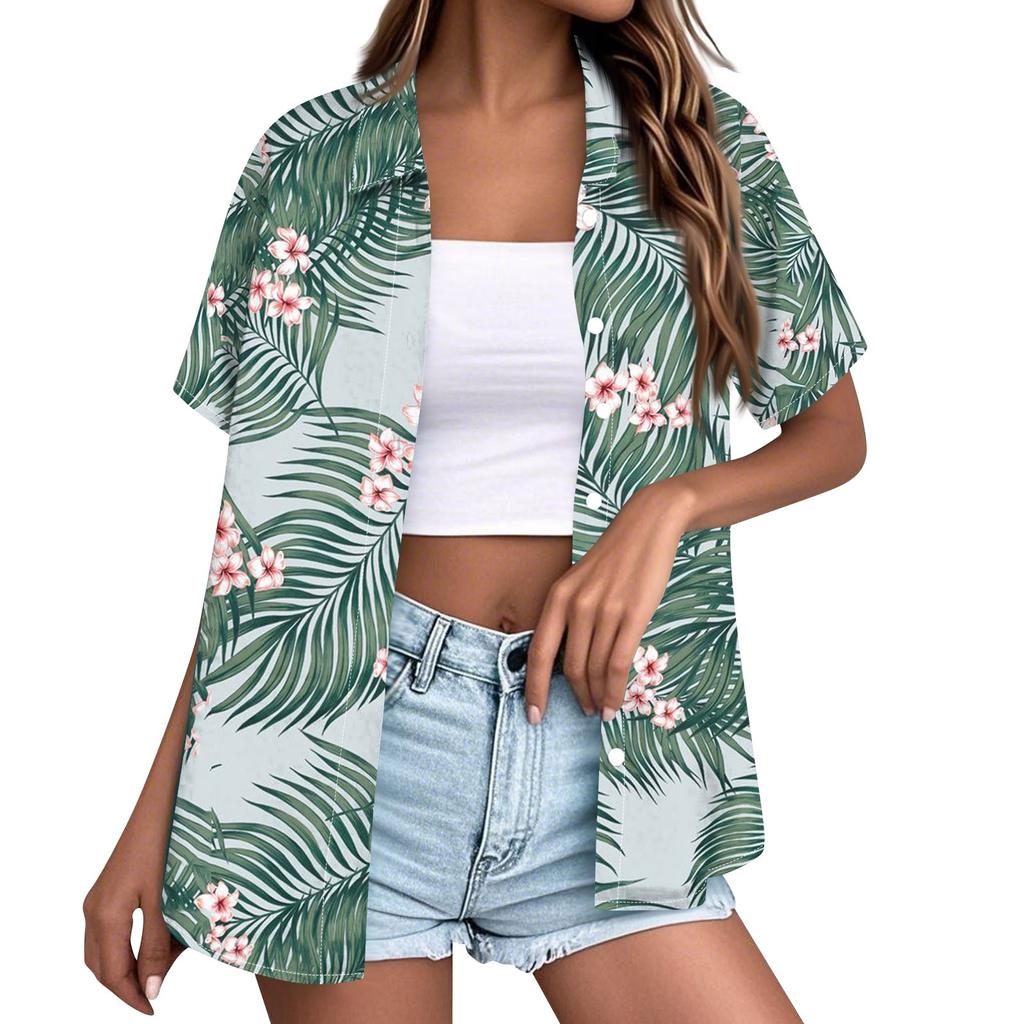 Moda Donna Casual Hawaiana Stampata Manica Corta Abbottonata con Risvolto Blusa Top