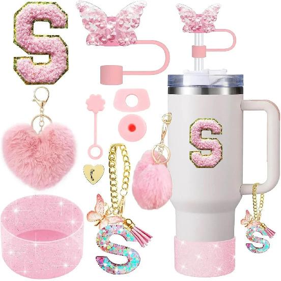 9PCS Accessory Set for Stanley Cup 30oz 40oz Butterfly Straw Cover Cap Silicone Boot Charm Initials Sticker Spill Proof Stopper Cup Holders 5