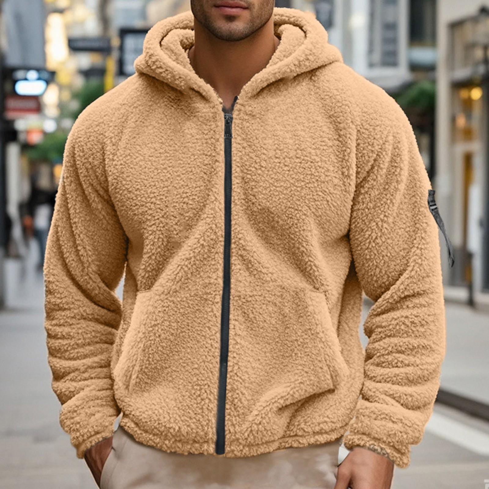 

Мужская однотонная повседневная флисовая куртка свободного кроя с длинными рукавами и застежкой-молнией на капюшон S хаки