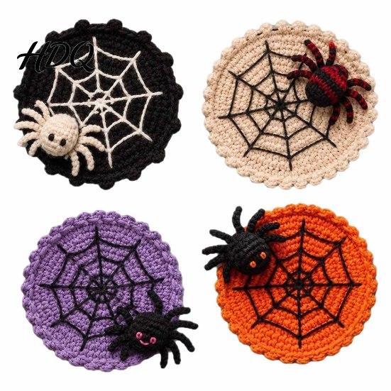 Coffee And Tea Cup Coaster Halloween Spider Web Coaster Handmade Crochet Heat Resistant Drink Mat for Crocheted Yarn Pad Table Spooky Gothic