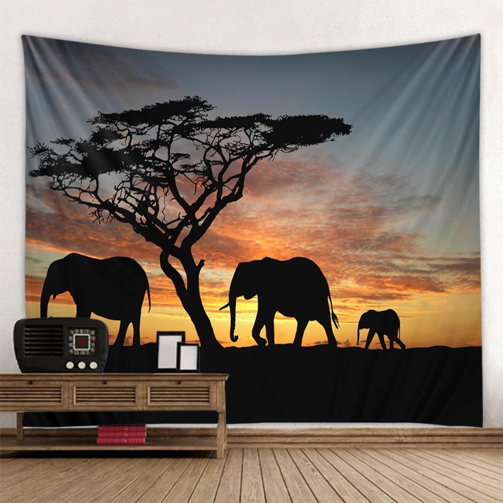 Bohemian Elephant Art Tapestry Sunrise Sunset Forest Landscape Home Decoration Wall Hanging Hippie Living Room Background Cloth