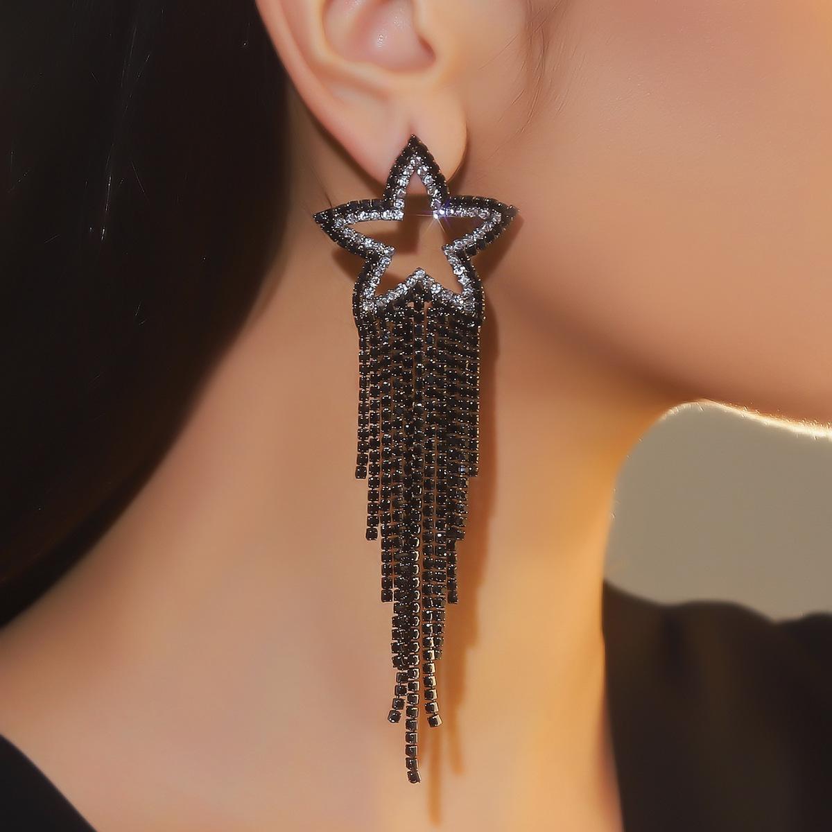 

Premium black pentagram long fringed earrings