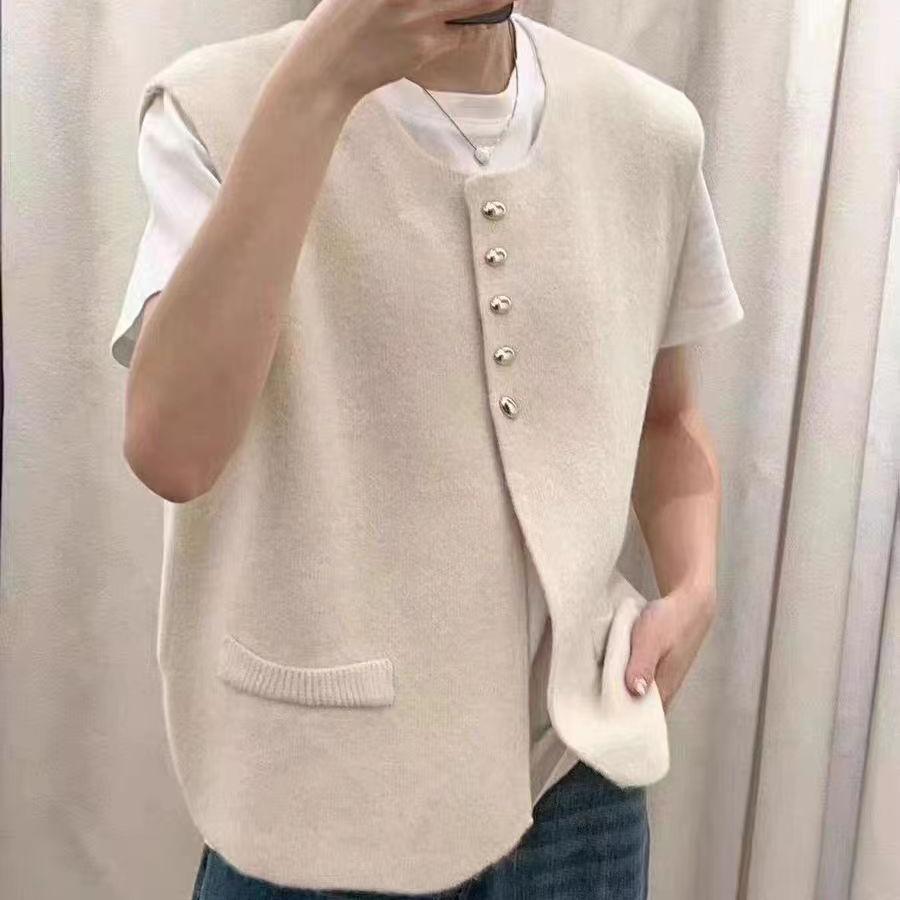 Primavera Autunno Nicchia Premium Gilet in Maglia Donna Elegante Francese Versatile Moda Bottone Dorato Girocollo Gilet Tinta Unita