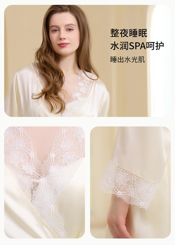 New 100% Mulberry Silk Splicing Lace Exquisite Elegant Pajamas Home Clothes Women's Silk Sleepwear Single Robe