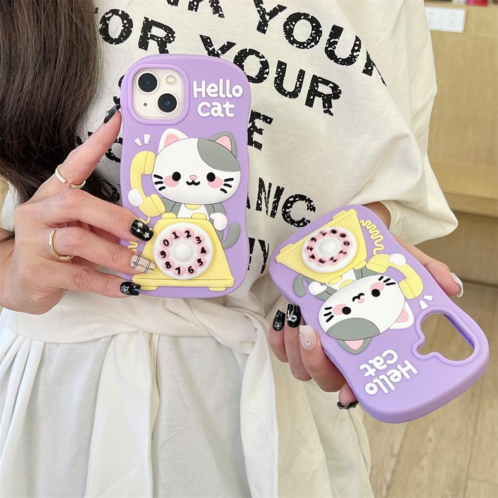 Kawaii Telephone Hello Cat Phone Case For iPhone 16 15 14 13 12 Pro Max Cute 3D Cartoon Soft Silicone Back Cover Capas