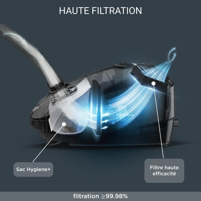 ROWENTA Aspirateur avec sac, Moteur basse consommation, Capacité 4,5 L, Nombreux accessoires, Power XXL Parquet, Bleu/gris RO3143EA