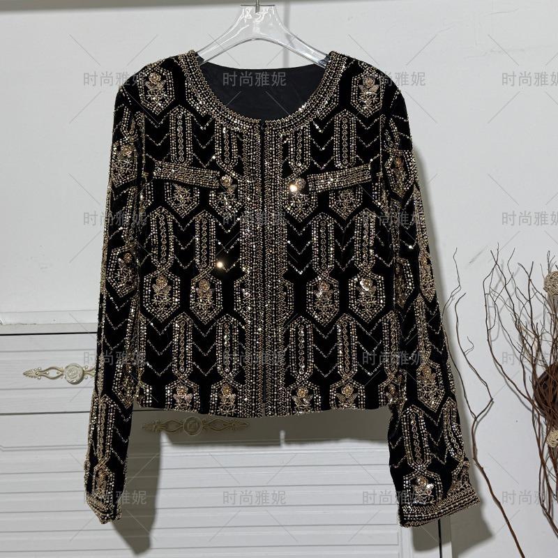 Fashion Yani Court Style Heavy Industry Bead Embroidered Short Jacket Women's Black Cardigan Performance Clothing Top