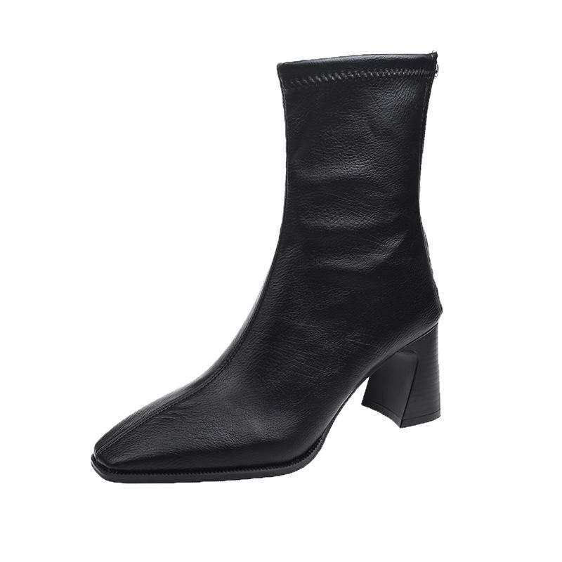 Autumn and winter new sexy square head elastic thin boots temperament high heel short boots women patent leather knight boots women